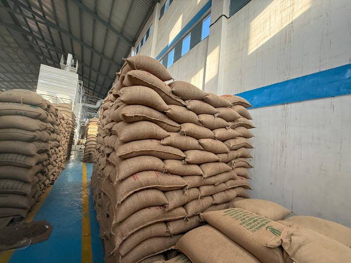 Warehouse aisle between stacks of coffee bags